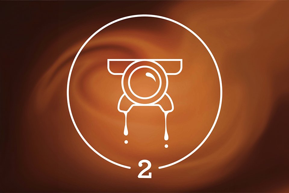 A white outline of coffee machine top pouring coffee against a brown background.